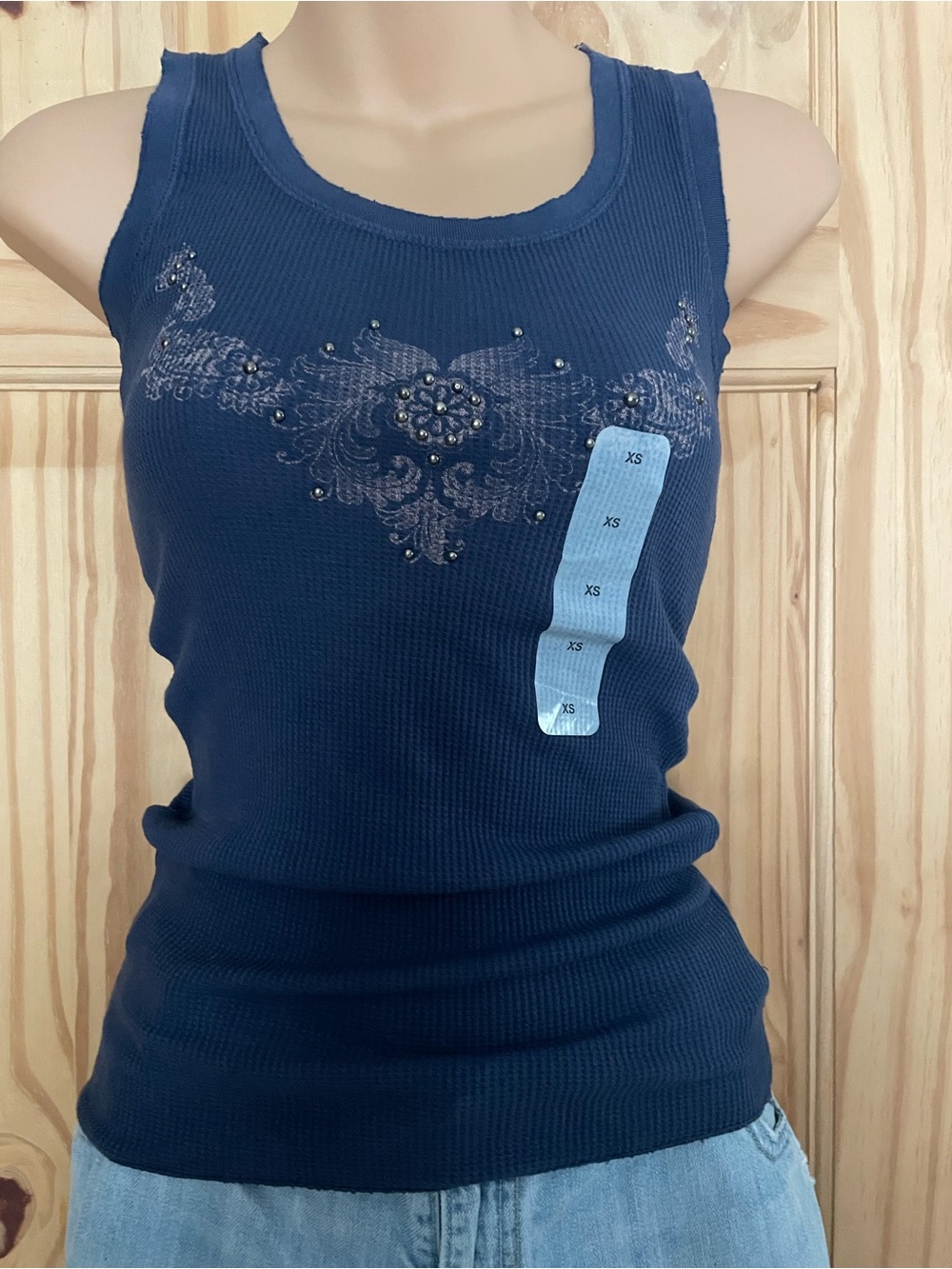 Arizona Jean Company Navy Ribbed Tank with Studded Flourish